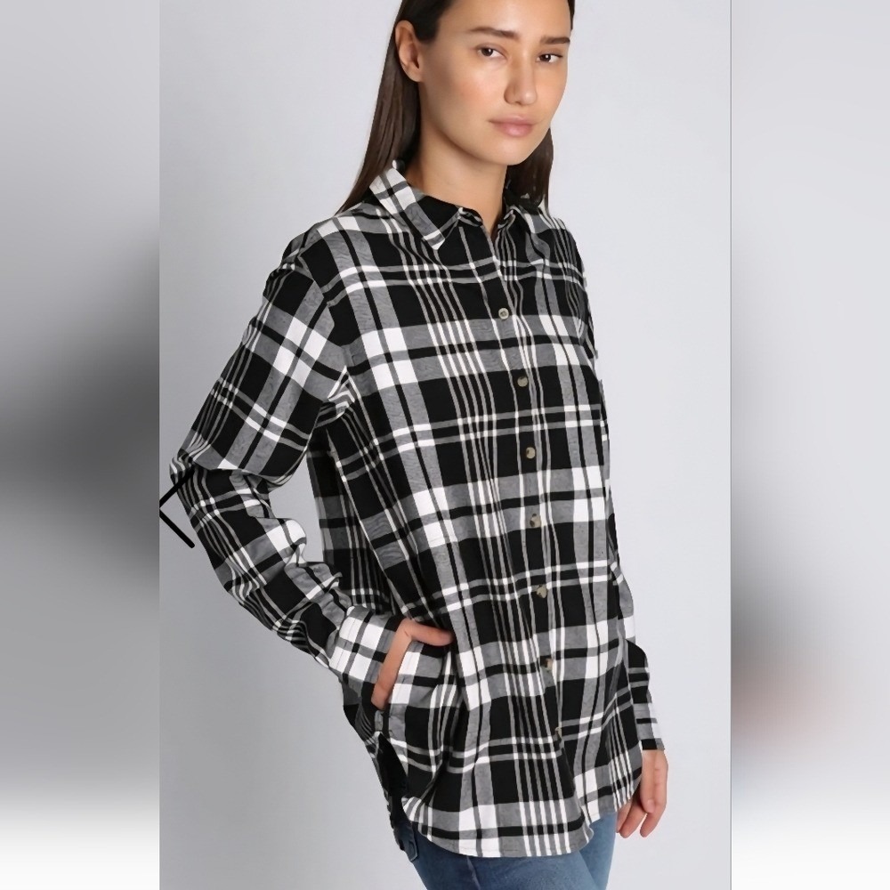 Jachs Girlfriend Womens XXL Black White Plaid Button Down Shirt with Pockets